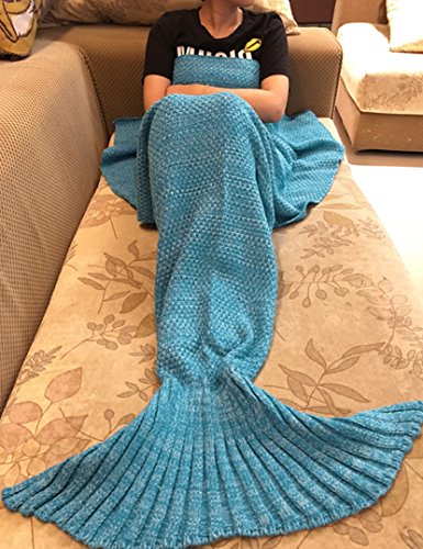 Mermaid Decke, AIGUMI All Seasons Mermaid Schwanz Schlafsack Decke, Häkeln Handwerk Warm Sofa Wohnzimmer Decke für Kinder (Blau)